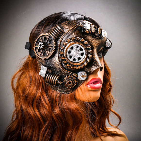 Phantom of the Opera Steampunk Mask with LED Lighting Masquerade - Black Gold - Picture 7 of 9